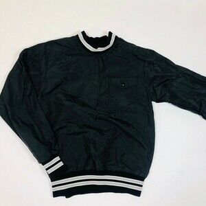 Vintage Nylon Stripe Pocket Pull Over Jersey Lined Coach's Jacket Black & Grey